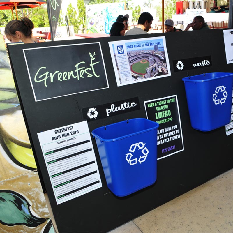 Info Display about Greenfest with recycle bins