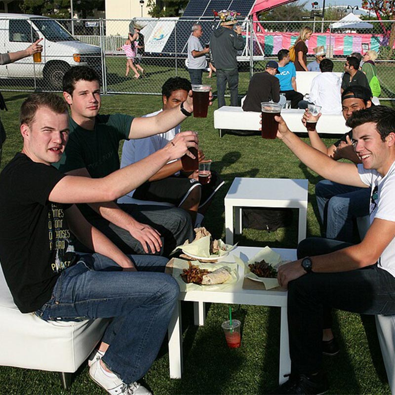 Students drinking beer and eating food at Beer Garden