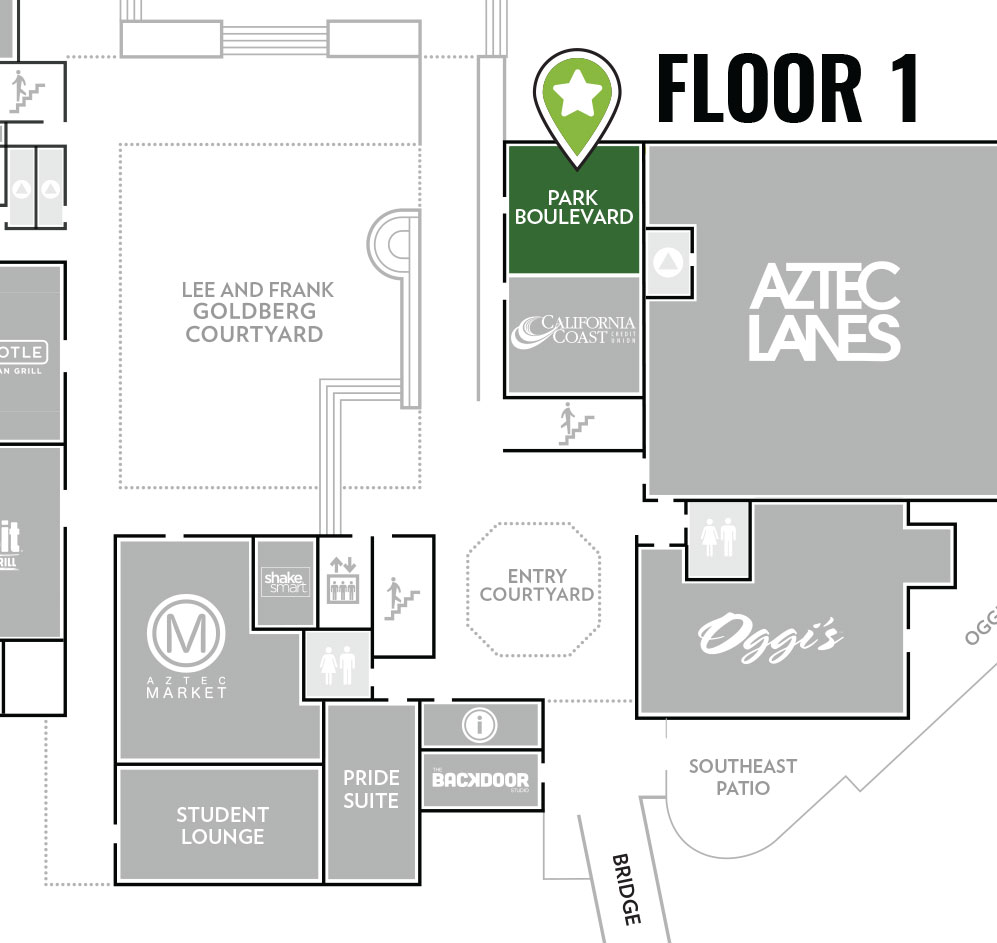 Partial Map of the First Floor, Aztec Student Union. Park Blvd located next to CalCoast Credit Union, near the fountain