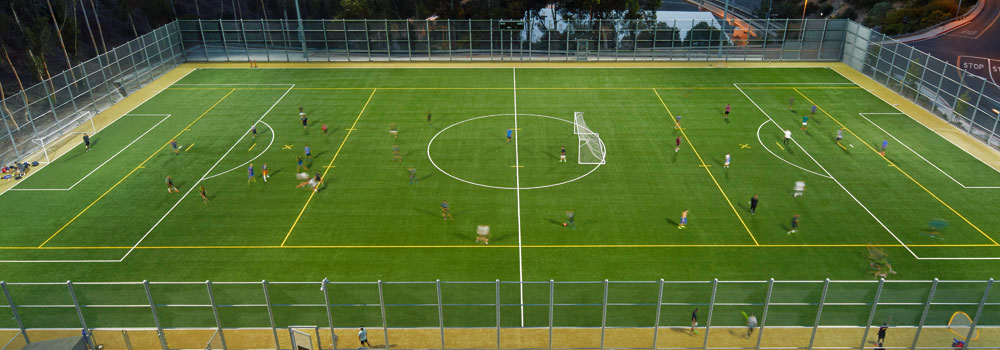 Aereal photo of the Recreation Field with soccer players on the field