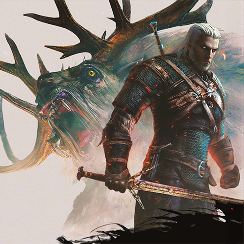  Witcher wearing armor and a monster in the background illustration  - Event