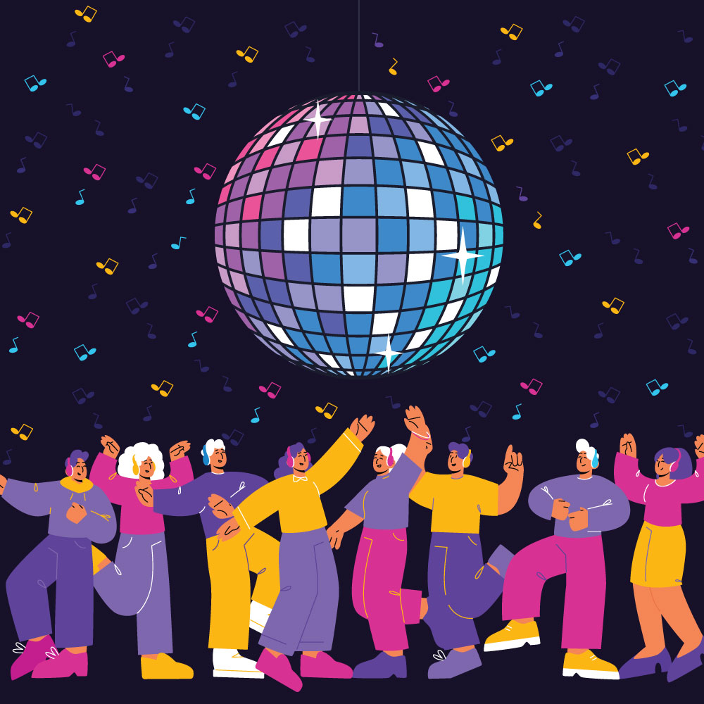 Illustration of a group of people dancing under a disco ball