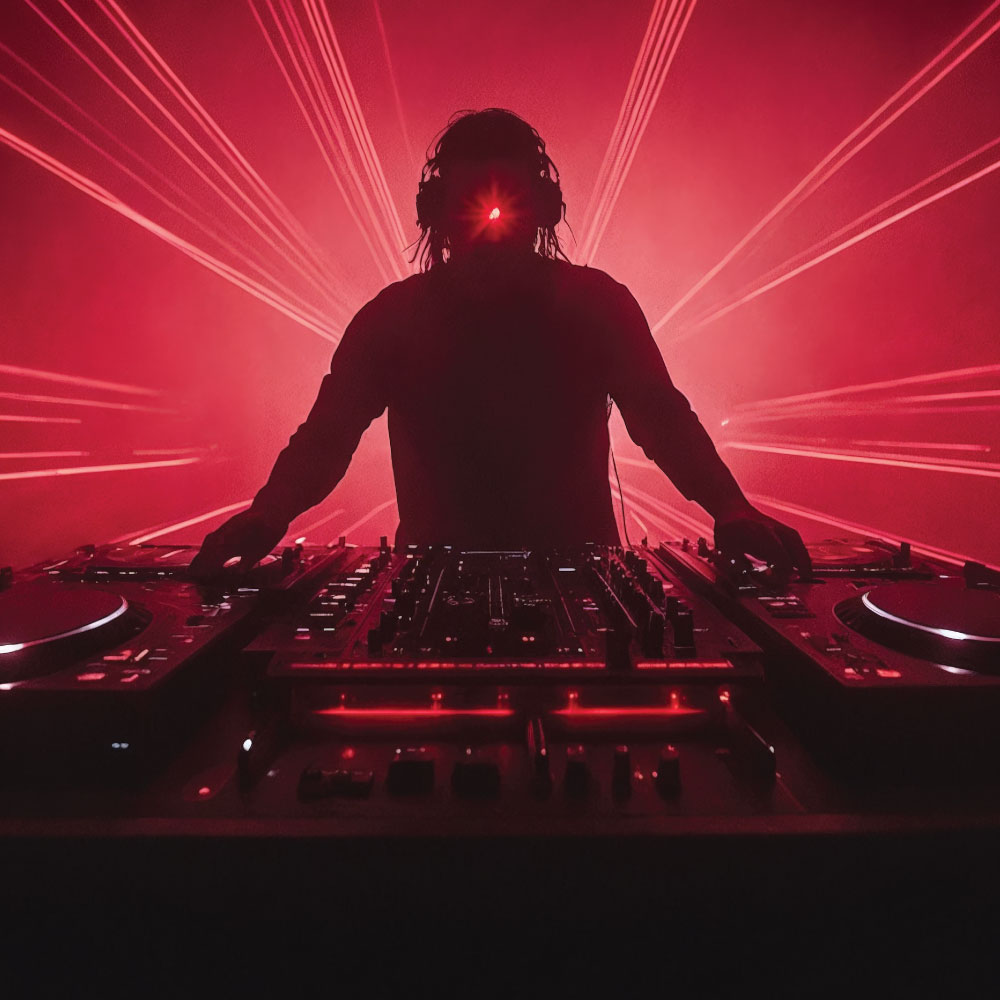 DJ using his equipment with red spotlight behind him