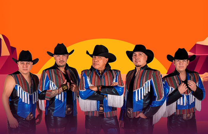 Bronco group members in outfits against a sunset landscape illustration