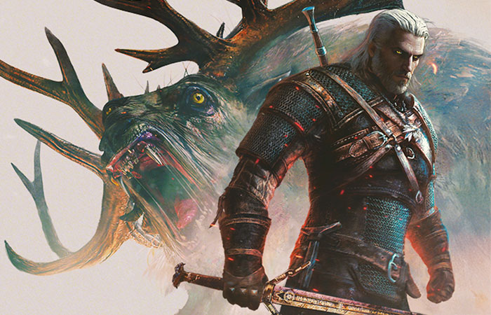 Witcher wearing armor and a monster in the background illustration Photo