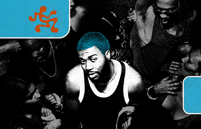 Khalid at a party (b&w photo with cyan/orange graphic elements) Photo