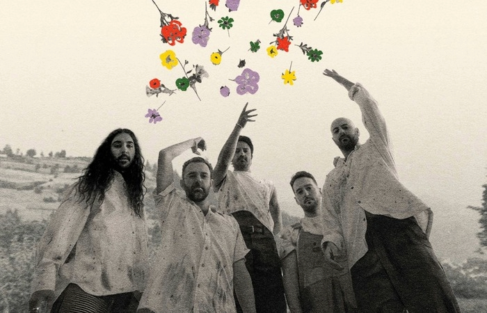 Young the Giant band members throwing up flower illustrations  Promotional Photo