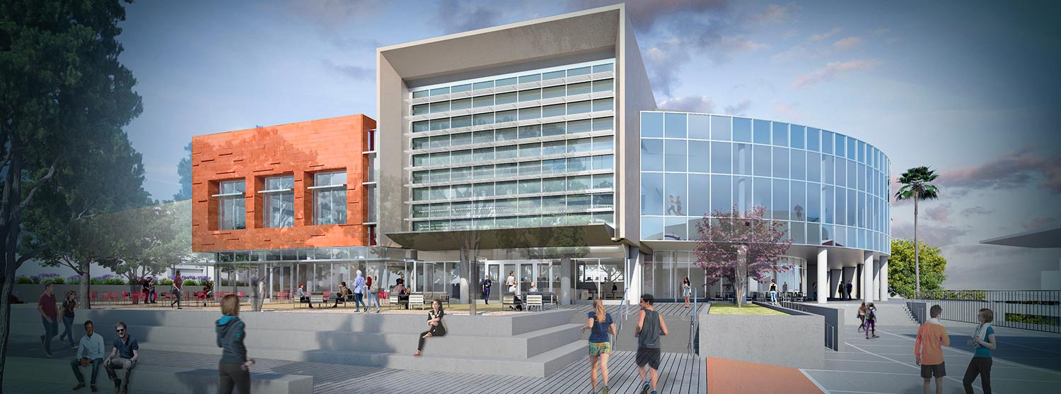 View of the south main entrance and outdoor plaza of the expanded Aztec Recreation Center.