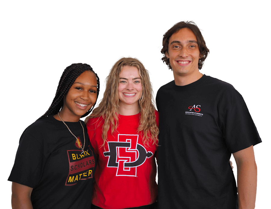 Three SDSU students wearing SDSU/A.S. shirts smiling