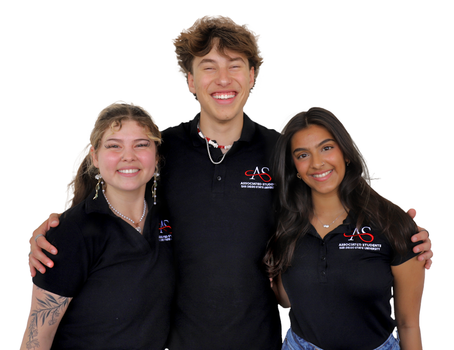 Three SDSU students wearing A.S. shirts smiling