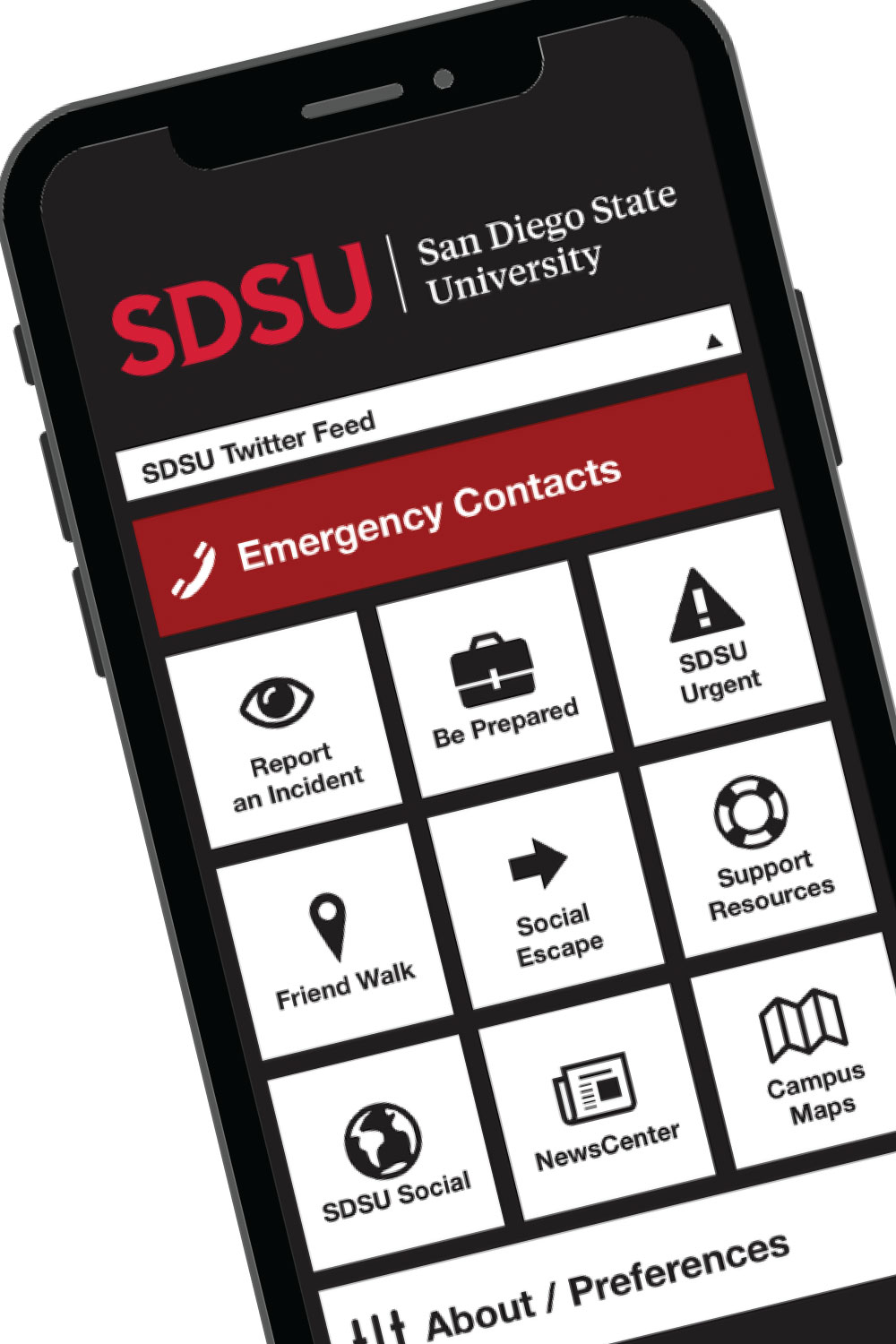 Phone screen showing the SDSU Safe app.?2024-04-25