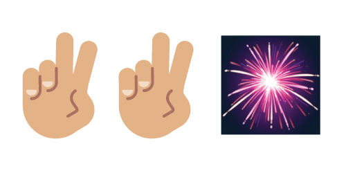 Hand emoji with two fingers up and the remaining fingers and thumbs folded in the palm, that emoji repeated, fireworks emoji