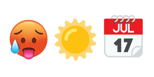 Hot sweating face emoji, sun emoji, July 17 calendar emoji