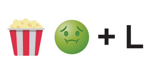 popcorn container emoji, sick green face emoji, plus sign, letter 