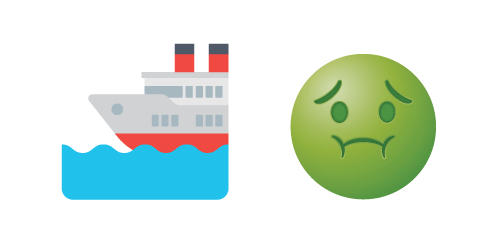 Ocean liner emoji, green, sick face emoji