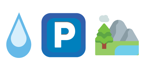 drop of water emoji, parking sign emoji, emoji containing a tree, lake, and mountains