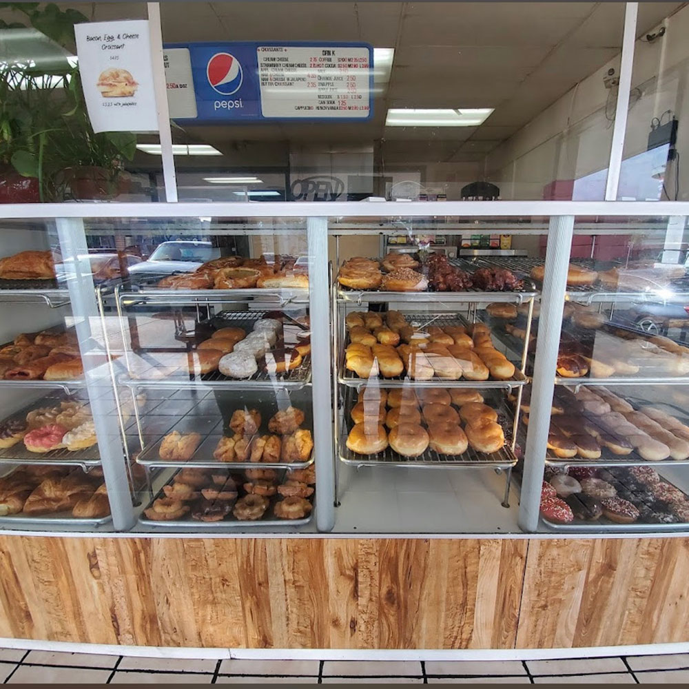 Display case filled with donuts