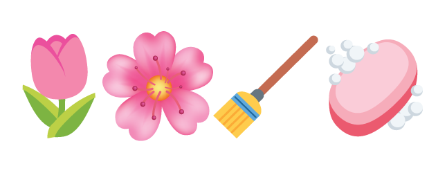 Tulip emoji, flower emoji, broom emoji, soap emoji