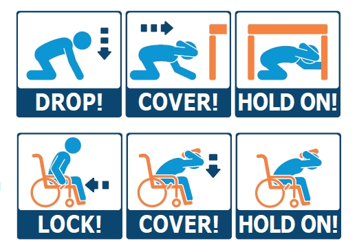 TOP: Three steps to follow in case of earthquake. (DROP, COVER, HOLD ON); BOTTOM: Three steps to follow in case of earthquake when wheelchair-bound (LOCK the wheelchair, COVER, HOLD ON)