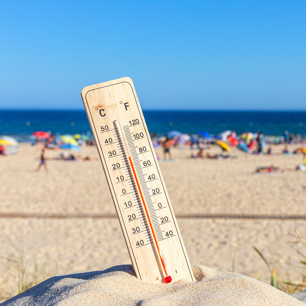 A thermometer rests in beach sand.