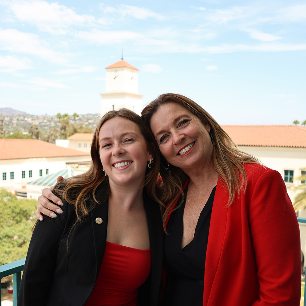 Kareen and Christina posing on a balcony.