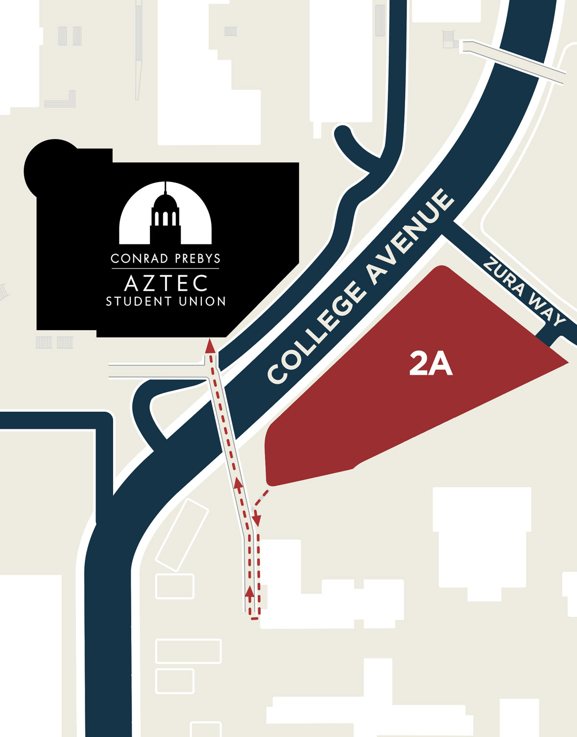 Map of Aztec Student Union and Lot 2A